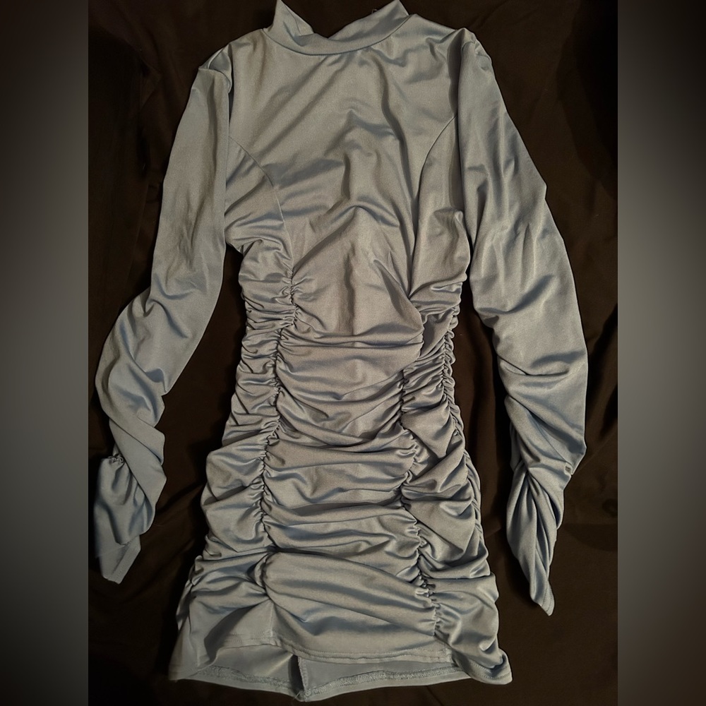 RUCHED BABY BLUE BODYCON DRESS
